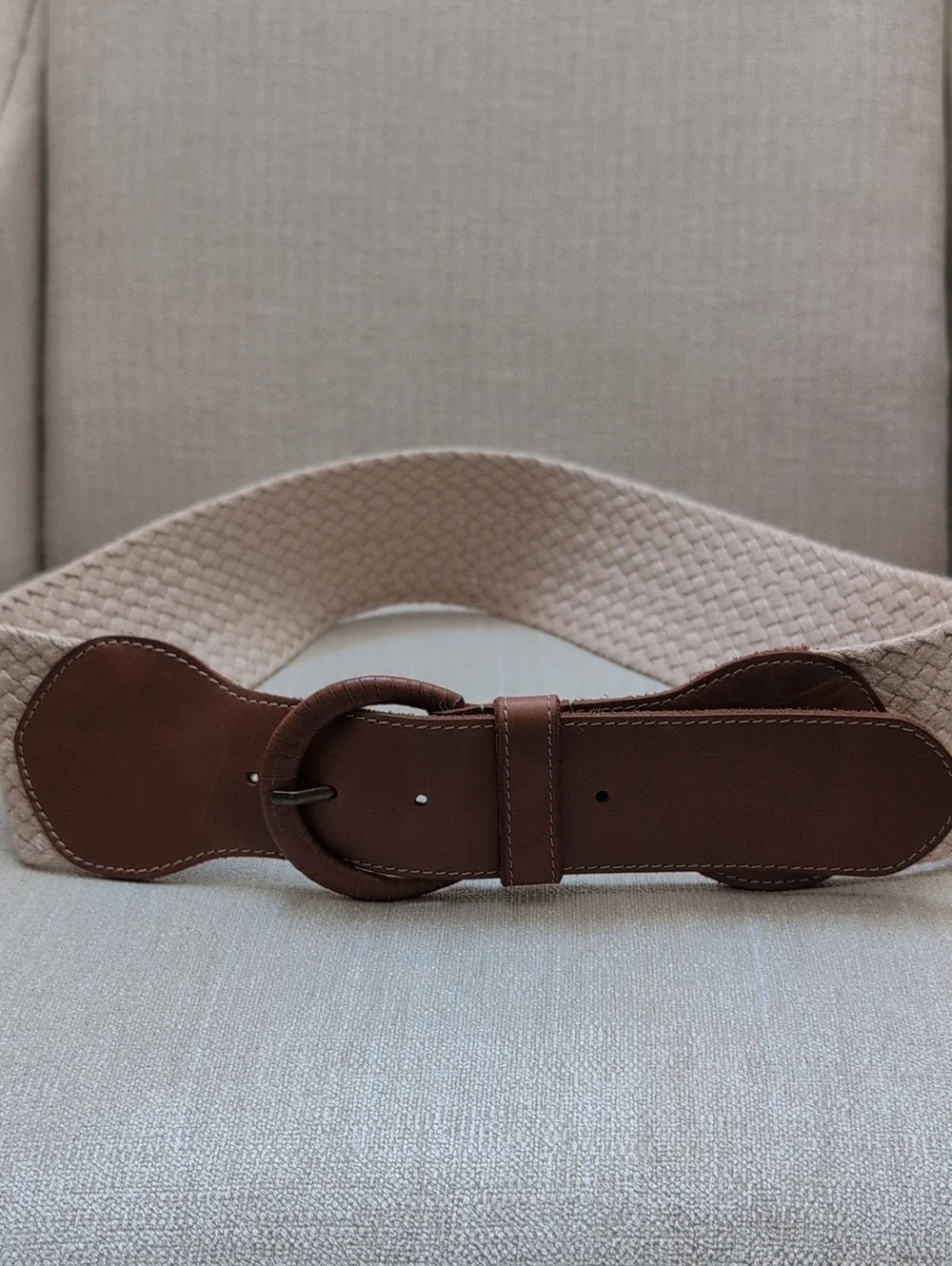 J. McLaughlin Brown Leather-Trim Wide Woven Belt Coastal Preppy Size L/XL